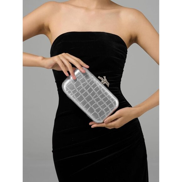 Women's Silver Crocodile Leather Formal Evening Shoulder Clutch Chain Strap Bag - Picture 5 of 6